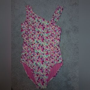 Girls Gap pink floral one piece swimsuit, asymmetrical design, summer, size 10